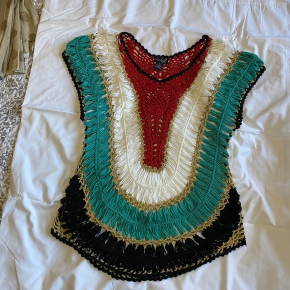 QUESTIONS BY SAY WHAT? Metallic Rainbow Crochet Boho Festival Top M - Picture 9 of 16